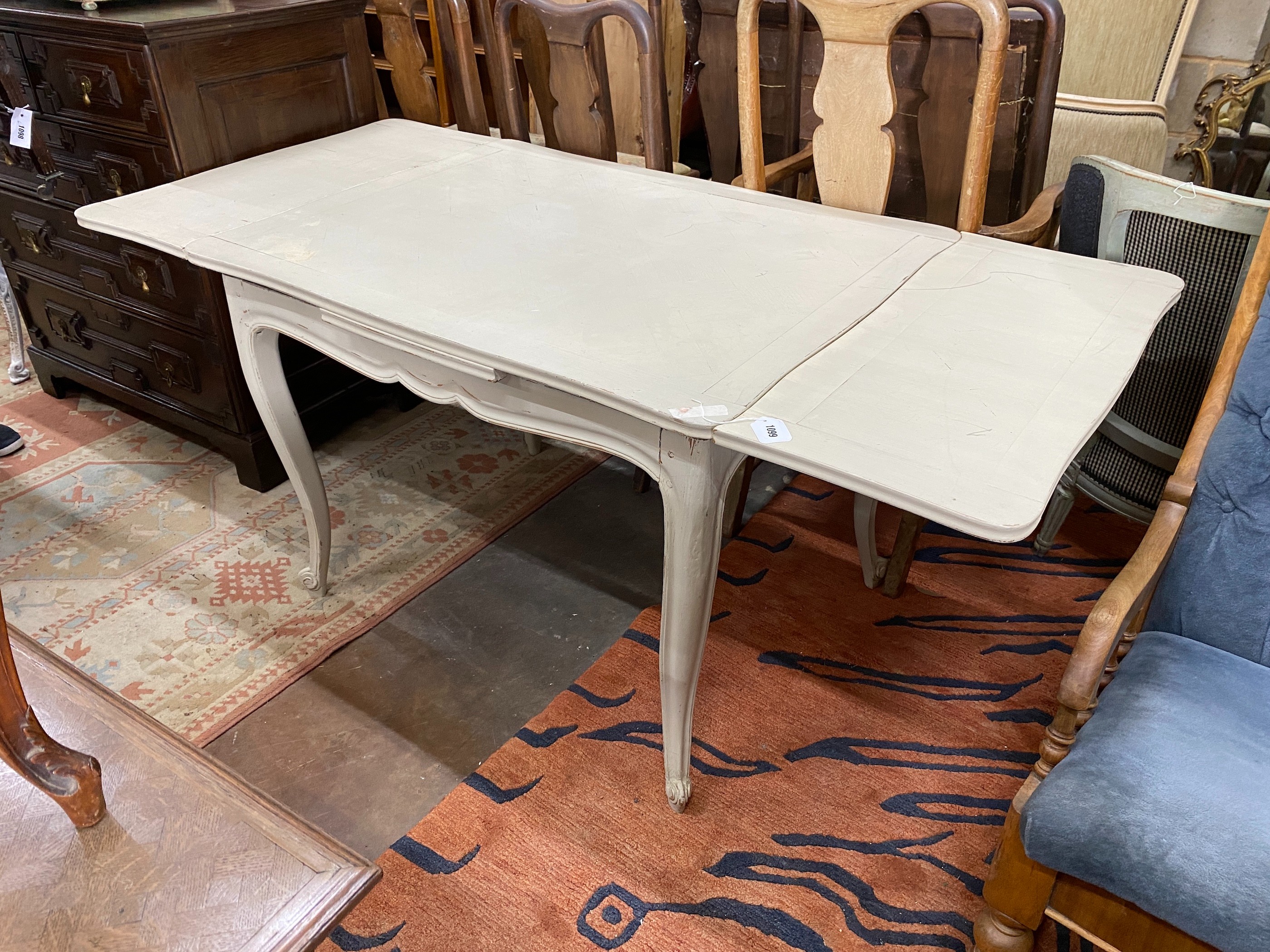 A French painted draw leaf dining table, 172cm extended, width 79cm, height 75cm